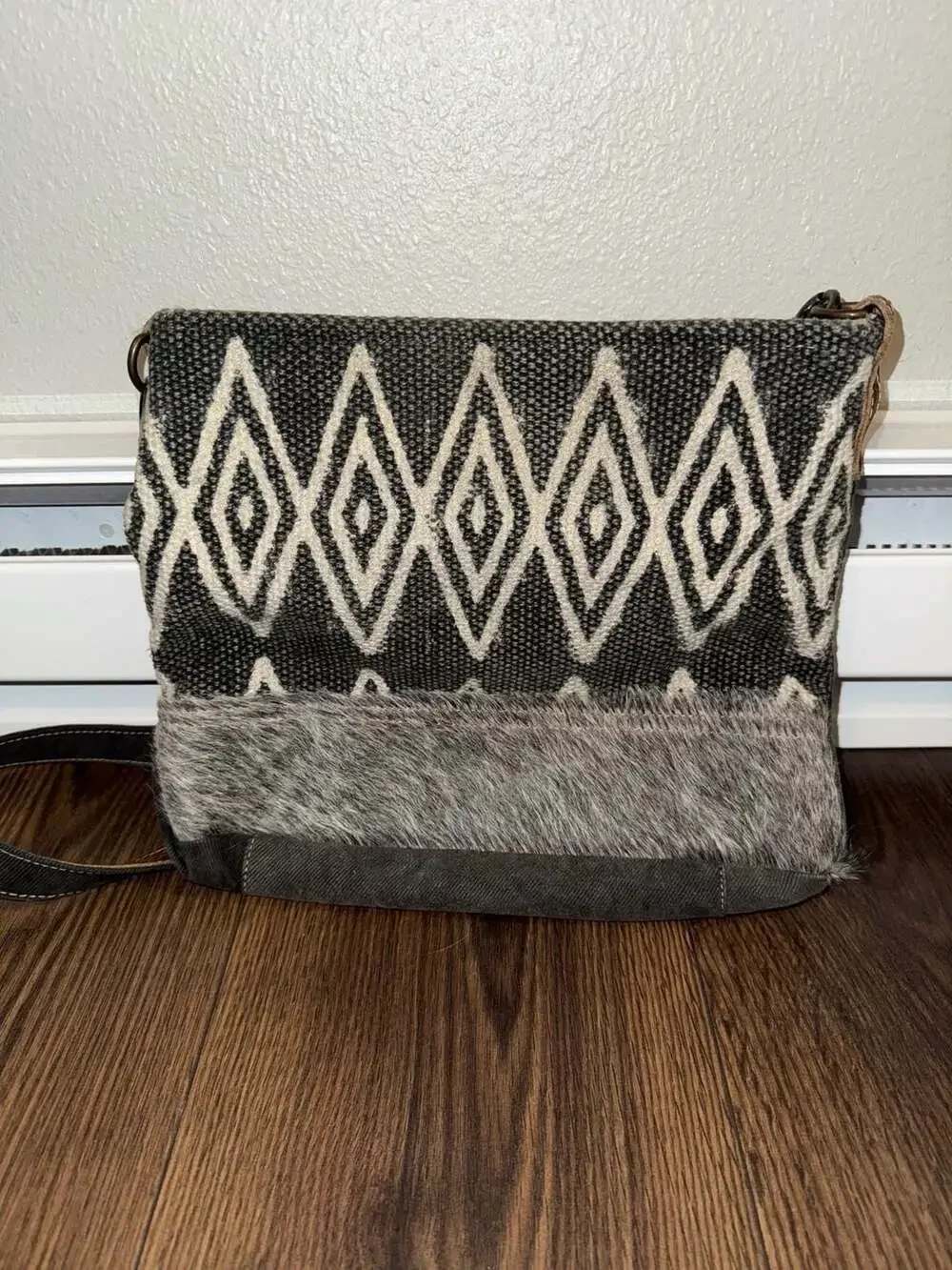 Myra Bag Gray Ivory Bold Triangle Tapestry Animal Hair Leather Crossbody